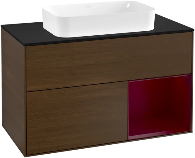 VILLEROY BOCH Toaletní skříňka Finion, s osvětlením, 2 výsuvy, 1000 x 603 x 501 mm, ořechová dýha / matný lak Pivoňka / černé matné sklo #F252HBGN