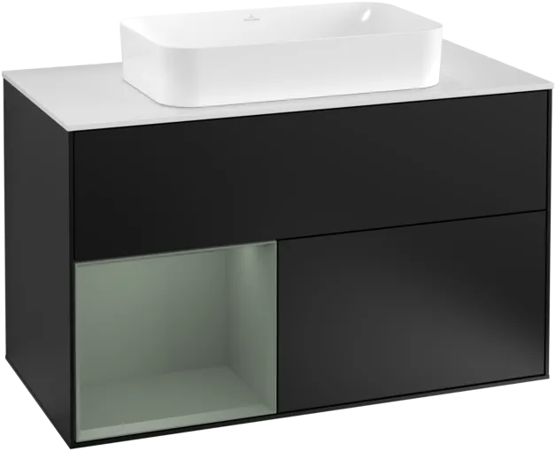 VILLEROY BOCH Toaletní skříňka Finion, s osvětlením, 2 výsuvy, 1000 x 603 x 501 mm, černý matný lak / olivový matný lak / bílé matné sklo #F241GMPD