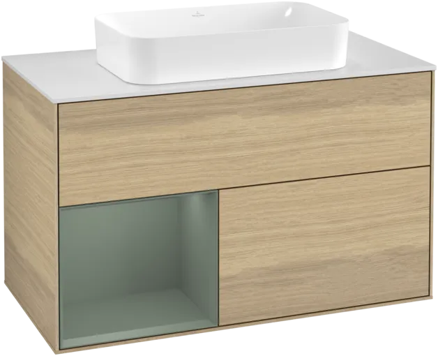 VILLEROY BOCH Toaletní skříňka Finion, s osvětlením, 2 výsuvy, 1000 x 603 x 501 mm, dubová dýha / olivový matný lak / sklo bílé matné #F241GMPC