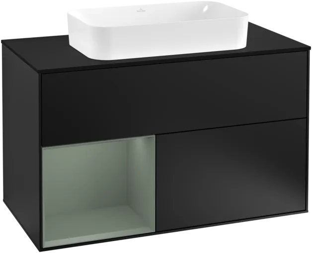 VILLEROY BOCH Toaletní skříňka Finion, s osvětlením, 2 výsuvy, 1000 x 603 x 501 mm, černý matný lak / olivový matný lak / černé matné sklo #F242GMPD