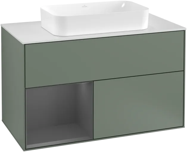 VILLEROY BOCH Toaletní skříňka Finion, s osvětlením, 2 výsuvy, 1000 x 603 x 501 mm, olivový matný lak / antracitový matný lak / bílé matné sklo #F241GKGM