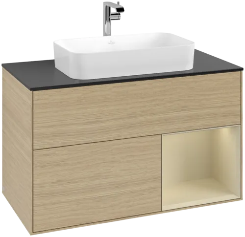 VILLEROY BOCH Toaletní skříňka Finion, s osvětlením, 2 výsuvy, 1000 x 603 x 501 mm, dubová dýha / hedvábně šedý matný lak / sklo černé matné #F252HJPC