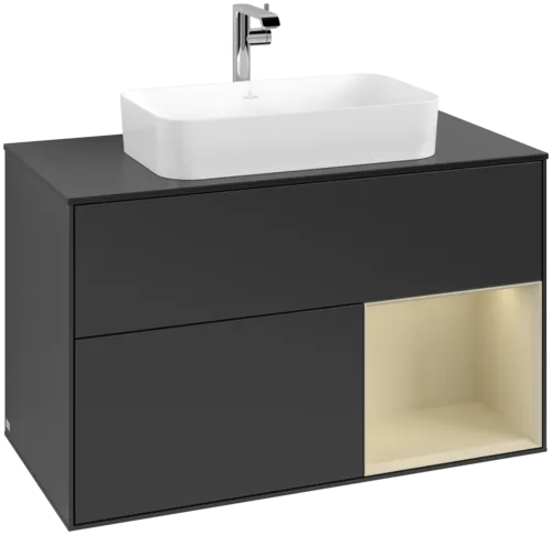 VILLEROY BOCH Toaletní skříňka Finion, s osvětlením, 2 výsuvy, 1000 x 603 x 501 mm, černý matný lak / hedvábně šedý matný lak / černé matné sklo #F252HJPD