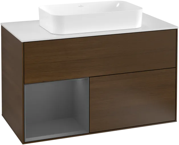 VILLEROY BOCH Toaletní skříňka Finion, s osvětlením, 2 výsuvy, 1000 x 603 x 501 mm, ořechová dýha / antracitový matný lak / bílé matné sklo #F241GKGN