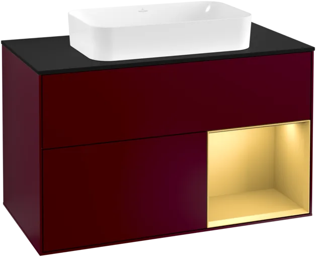 VILLEROY BOCH Toaletní skříňka Finion, s osvětlením, 2 výsuvy, 1000 x 603 x 501 mm, Peony Matt Lacquer / Gold Matt Lacquer / Glass Black Matt #F252HFHB