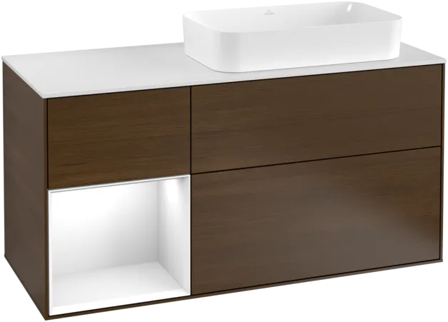 VILLEROY BOCH Toaletní skříňka Finion, s osvětlením, 3 výsuvy, 1200 x 603 x 501 mm, ořechová dýha / lesklý bílý lak / sklo bílé matné #F271GFGN