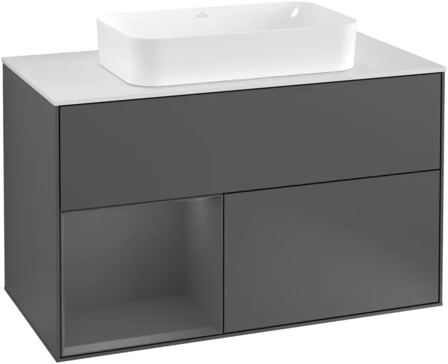 VILLEROY BOCH Toaletní skříňka Finion, s osvětlením, 2 výsuvy, 1000 x 603 x 501 mm, antracit matný lak / antracit matný lak / sklo bílé matné #F241GKGK