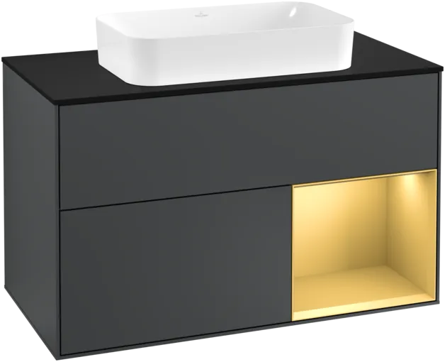 VILLEROY BOCH Toaletní skříňka Finion, s osvětlením, 2 výsuvy, 1000 x 603 x 501 mm, Midnight Blue Matt Lacquer / Gold Matt Lacquer / Glass Black Matt #F252HFHG