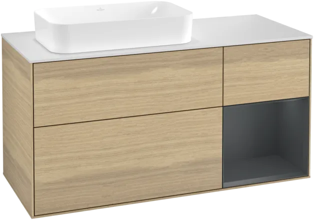 VILLEROY BOCH Toaletní skříňka Finion, s osvětlením, 3 výsuvy, 1200 x 603 x 501 mm, dubová dýha / půlnočně modrý matný lak / bílé matné sklo #F281HGPC