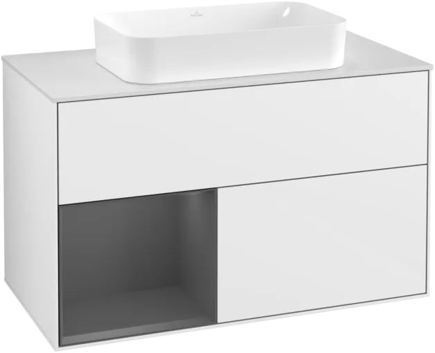 VILLEROY BOCH Umyvadlová skříňka Finion, s osvětlením, 2 výsuvy, 1000 x 603 x 501 mm, lesklý bílý lak / antracitový matný lak / bílé matné sklo #F241GKGF