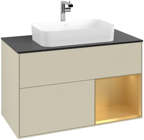 VILLEROY BOCH Toaletní skříňka Finion, s osvětlením, 2 výsuvy, 1000 x 603 x 501 mm, Silk Grey Matt Lacquer / Gold Matt Lacquer / Glass Black Matt #F252HFHJ