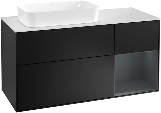 VILLEROY BOCH Toaletní skříňka Finion, s osvětlením, 3 výsuvy, 1200 x 603 x 501 mm, černý matný lak / půlnoční modrý matný lak / bílé matné sklo #F281HGPD