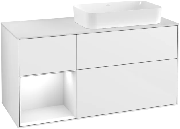 VILLEROY BOCH Toaletní skříňka Finion, s osvětlením, 3 výsuvy, 1200 x 603 x 501 mm, lesklý bílý lak / lesklý bílý lak / sklo bílé matné #F271GFGF