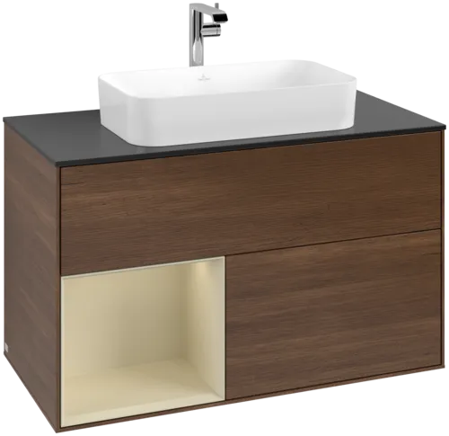 VILLEROY BOCH Toaletní stolek Finion, s osvětlením, 2 výsuvy, 1000 x 603 x 501 mm, ořechová dýha / hedvábně šedý matný lak / sklo černé matné #F242HJGN
