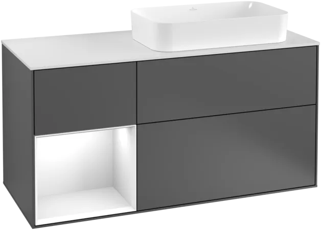VILLEROY BOCH Toaletní skříňka Finion, s osvětlením, 3 výsuvy, 1200 x 603 x 501 mm, antracit matný lak / lesklý bílý lak / sklo bílé matné #F271GFGK