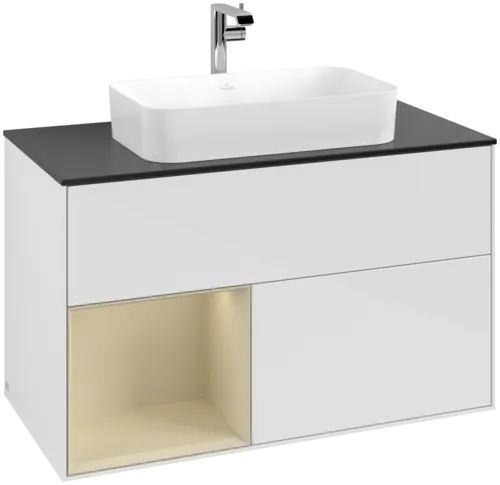 VILLEROY BOCH Toaletní skříňka Finion, s osvětlením, 2 výsuvy, 1000 x 603 x 501 mm, lesklý bílý lak / hedvábně šedý matný lak / černé matné sklo #F242HJGF