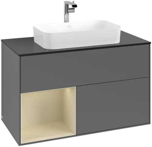 VILLEROY BOCH Toaletní skříňka Finion, s osvětlením, 2 výsuvy, 1000 x 603 x 501 mm, antracitový matný lak / hedvábně šedý matný lak / černé matné sklo #F242HJGK