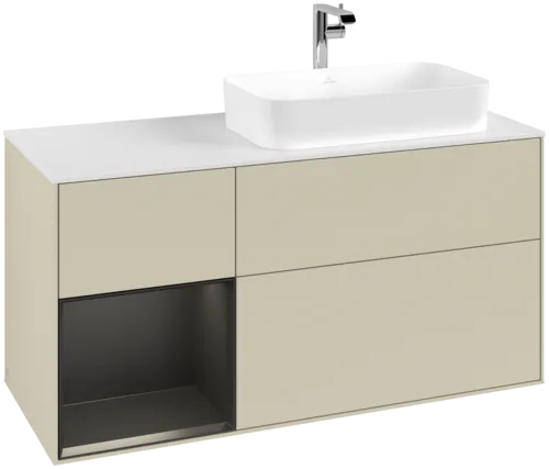 VILLEROY BOCH Toaletní skříňka Finion, s osvětlením, 3 výsuvy, 1200 x 603 x 501 mm, hedvábně šedý matný lak / černý matný lak / bílé matné sklo #F271PDHJ