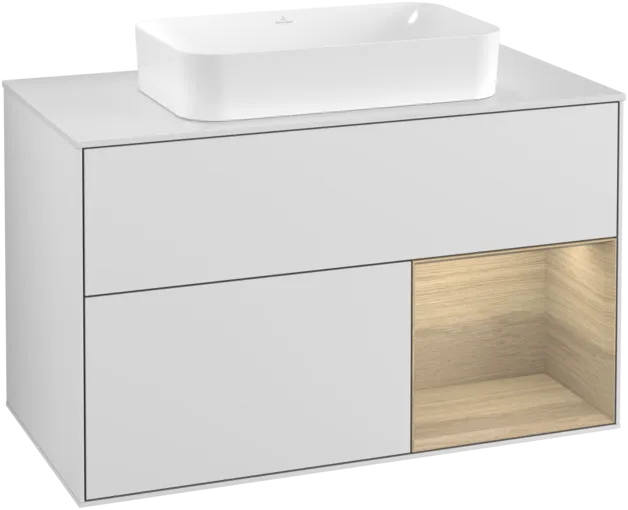 VILLEROY BOCH Toaletní skříňka Finion, s osvětlením, 2 výsuvy, 1000 x 603 x 501 mm, bílý matný lak / dubová dýha / sklo bílé matné #F251PCMT