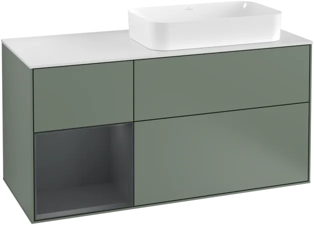 VILLEROY BOCH Toaletní skříňka Finion, s osvětlením, 3 výsuvy, 1200 x 603 x 501 mm, olivový matný lak / půlnoční modrý matný lak / bílé matné sklo #F271HGGM