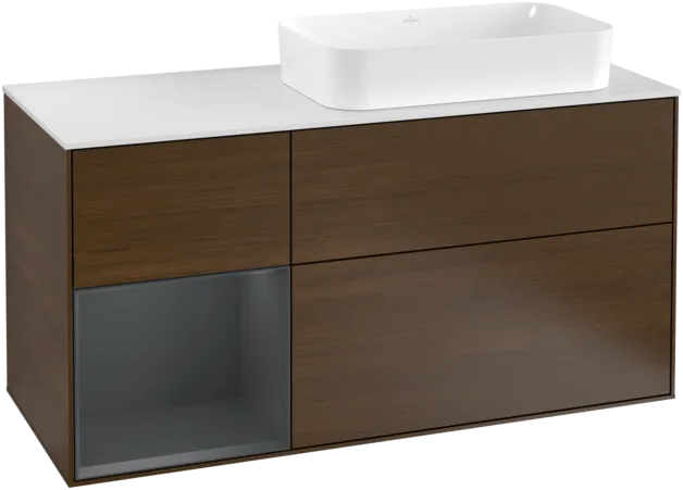 VILLEROY BOCH Toaletní skříňka Finion, s osvětlením, 3 výsuvy, 1200 x 603 x 501 mm, ořechová dýha / půlnočně modrý matný lak / sklo bílé matné #F271HGGN