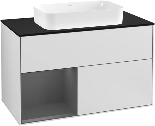 VILLEROY BOCH Toaletní skříňka Finion, s osvětlením, 2 výsuvy, 1000 x 603 x 501 mm, bílý matný lak / antracitový matný lak / černé matné sklo #F242GKMT