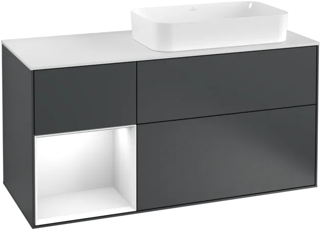 VILLEROY BOCH Toaletní skříňka Finion, s osvětlením, 3 výsuvy, 1200 x 603 x 501 mm, Midnight Blue Matt Lacquer / Glossy White Lacquer / Glass White Matt #F271GFHG