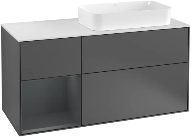 VILLEROY BOCH Toaletní skříňka Finion, s osvětlením, 3 výsuvy, 1200 x 603 x 501 mm, antracitový matný lak / půlnoční modrý matný lak / bílé matné sklo #F271HGGK