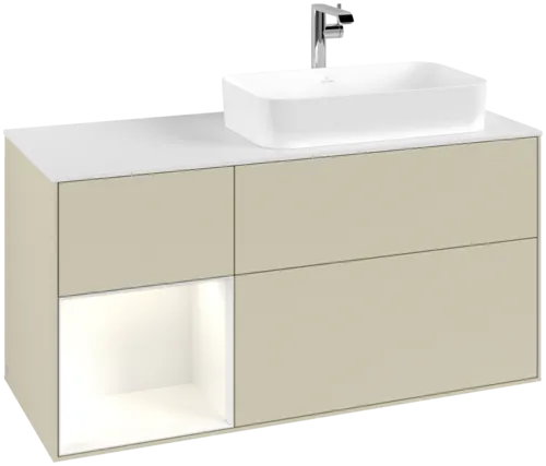 VILLEROY BOCH Toaletní skříňka Finion, s osvětlením, 3 výsuvy, 1200 x 603 x 501 mm, hedvábně šedý matný lak / lesklý bílý lak / bílé matné sklo #F271GFHJ
