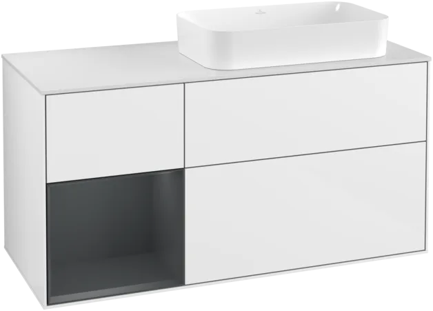 VILLEROY BOCH Toaletní skříňka Finion, s osvětlením, 3 výsuvy, 1200 x 603 x 501 mm, lesklý bílý lak / půlnoční modrý matný lak / bílé matné sklo #F271HGGF