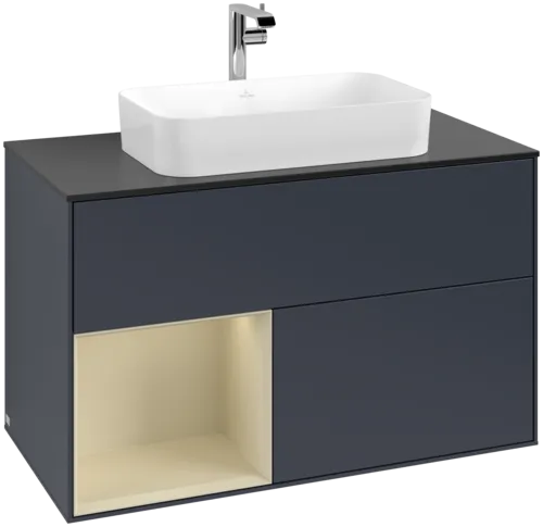 VILLEROY BOCH Toaletní skříňka Finion, s osvětlením, 2 výsuvy, 1000 x 603 x 501 mm, Midnight Blue Matt Lacquer / Silk Grey Matt Lacquer / Glass Black Matt #F242HJHG