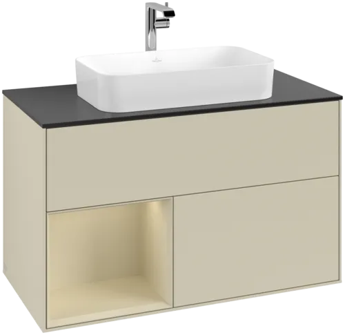 VILLEROY BOCH Toaletní skříňka Finion, s osvětlením, 2 výsuvy, 1000 x 603 x 501 mm, Silk Grey Matt Lacquer / Silk Grey Matt Lacquer / Glass Black Matt #F242HJHJ