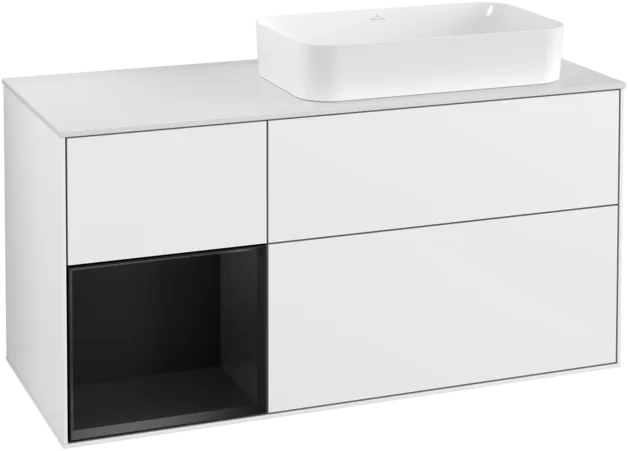 VILLEROY BOCH Toaletní skříňka Finion, s osvětlením, 3 výsuvy, 1200 x 603 x 501 mm, lesklý bílý lak / černý matný lak / sklo bílé matné #F271PDGF