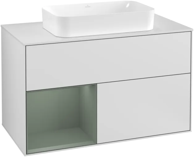 VILLEROY BOCH Toaletní skříňka Finion, s osvětlením, 2 výsuvy, 1000 x 603 x 501 mm, bílý matný lak / olivový matný lak / bílé matné sklo #F241GMMT