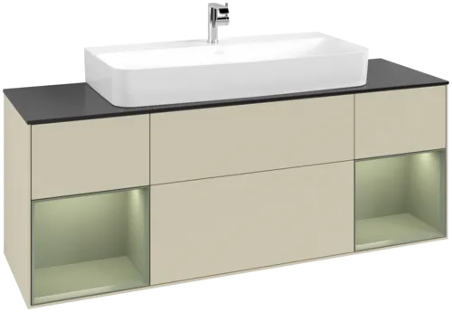 VILLEROY BOCH Toaletní skříňka Finion, s osvětlením, 4 výsuvy, 1600 x 603 x 501 mm, hedvábně šedý matný lak / olivový matný lak / černé matné sklo #F212GMHJ