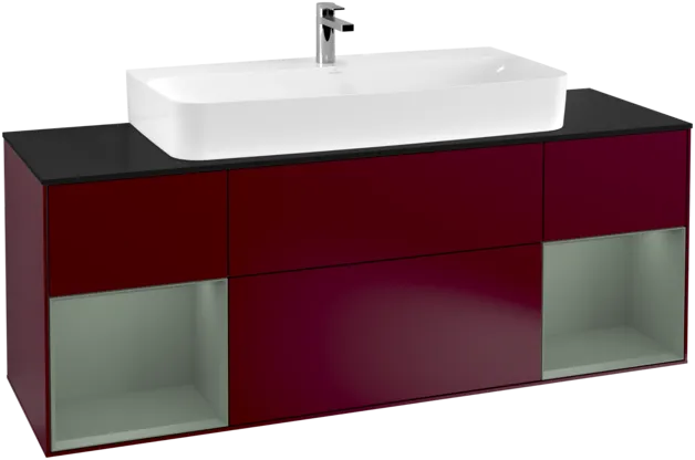 VILLEROY BOCH Toaletní skříňka Finion, s osvětlením, 4 výsuvy, 1600 x 603 x 501 mm, Pivoňka matný lak / Olivový matný lak / Sklo černé matné #F212GMHB