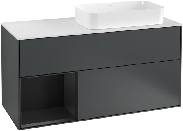 VILLEROY BOCH Toaletní skříňka Finion, s osvětlením, 3 výsuvy, 1200 x 603 x 501 mm, Midnight Blue Matt Lacquer / Black Matt Lacquer / Glass White Matt #F271PDHG
