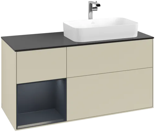VILLEROY BOCH Toaletní skříňka Finion, s osvětlením, 3 výsuvy, 1200 x 603 x 501 mm, Silk Grey Matt Lacquer / Midnight Blue Matt Lacquer / Glass Black Matt #F272HGHJ