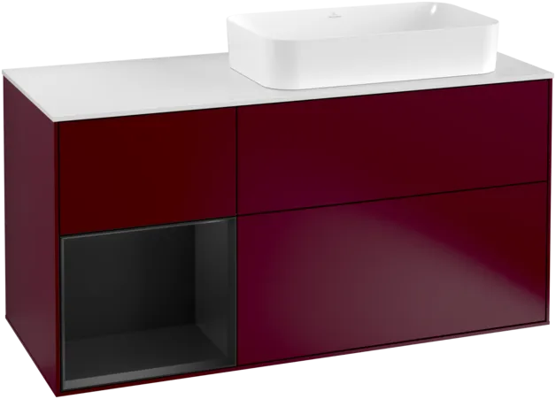 VILLEROY BOCH Toaletní skříňka Finion, s osvětlením, 3 výsuvy, 1200 x 603 x 501 mm, Pivoňka matný lak / Černý matný lak / Sklo bílé matné #F271PDHB