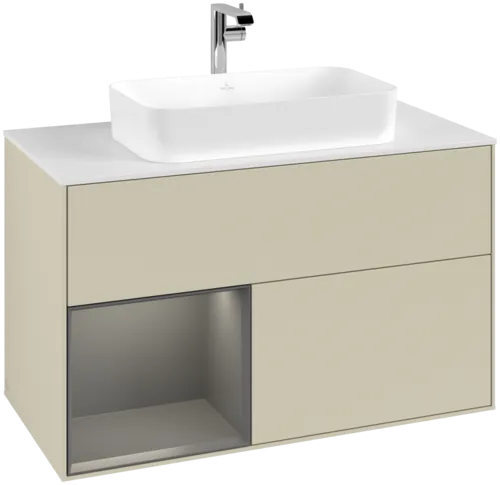 VILLEROY BOCH Toaletní skříňka Finion, s osvětlením, 2 výsuvy, 1000 x 603 x 501 mm, hedvábně šedý matný lak / antracitový matný lak / bílé matné sklo #F241GKHJ