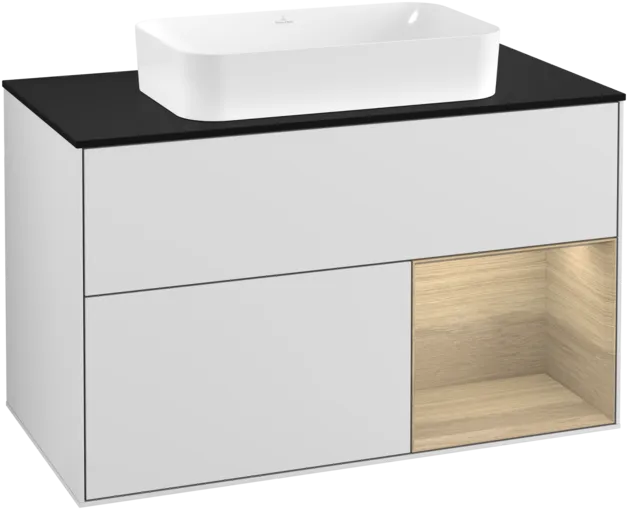 VILLEROY BOCH Toaletní skříňka Finion, s osvětlením, 2 výsuvy, 1000 x 603 x 501 mm, bílý matný lak / dubová dýha / černé matné sklo #F252PCMT