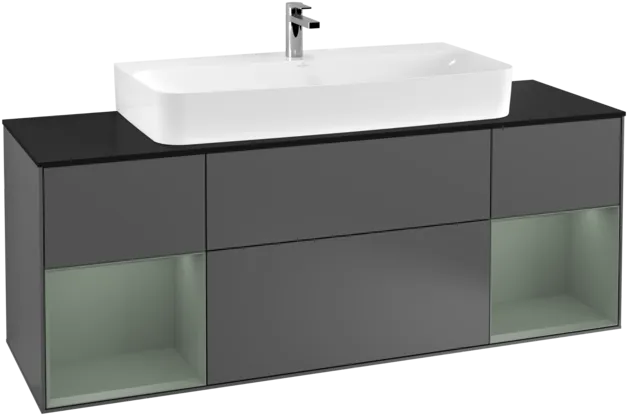VILLEROY BOCH Toaletní skříňka Finion, s osvětlením, 4 výsuvy, 1600 x 603 x 501 mm, antracitový matný lak / olivový matný lak / černé matné sklo #F212GMGK