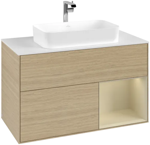VILLEROY BOCH Toaletní stolek Finion, s osvětlením, 2 výsuvy, 1000 x 603 x 501 mm, dubová dýha / hedvábně šedý matný lak / sklo bílé matné #F251HJPC