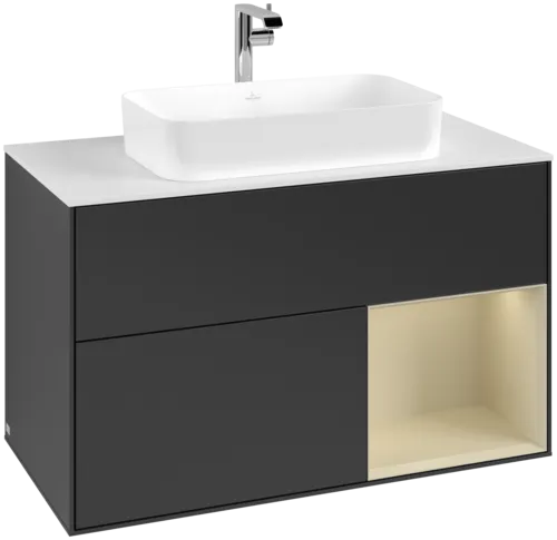 VILLEROY BOCH Toaletní skříňka Finion, s osvětlením, 2 výsuvy, 1000 x 603 x 501 mm, černý matný lak / hedvábně šedý matný lak / bílé matné sklo #F251HJPD