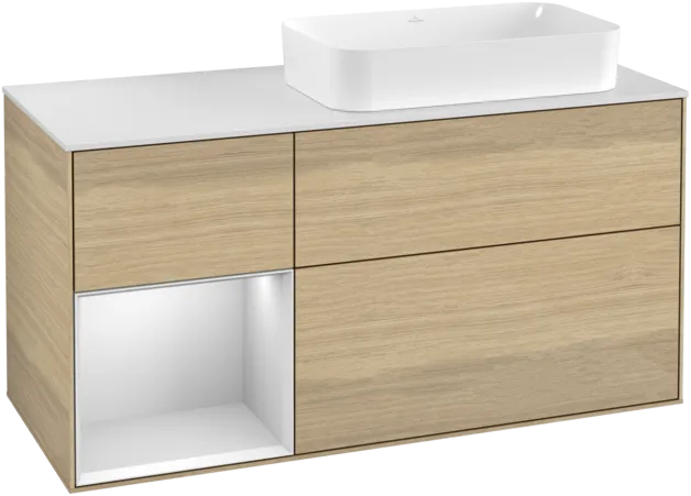 VILLEROY BOCH Toaletní skříňka Finion, s osvětlením, 3 výsuvy, 1200 x 603 x 501 mm, dubová dýha / bílý matný lak / bílé matné sklo #F271MTPC