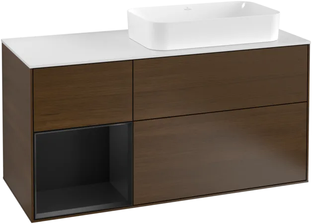 VILLEROY BOCH Toaletní skříňka Finion, s osvětlením, 3 výsuvy, 1200 x 603 x 501 mm, ořechová dýha / černý matný lak / sklo bílé matné #F271PDGN