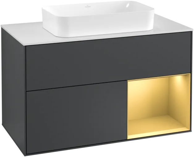 VILLEROY BOCH Toaletní skříňka Finion, s osvětlením, 2 výsuvy, 1000 x 603 x 501 mm, Midnight Blue Matt Lacquer / Gold Matt Lacquer / Glass White Matt #F251HFHG
