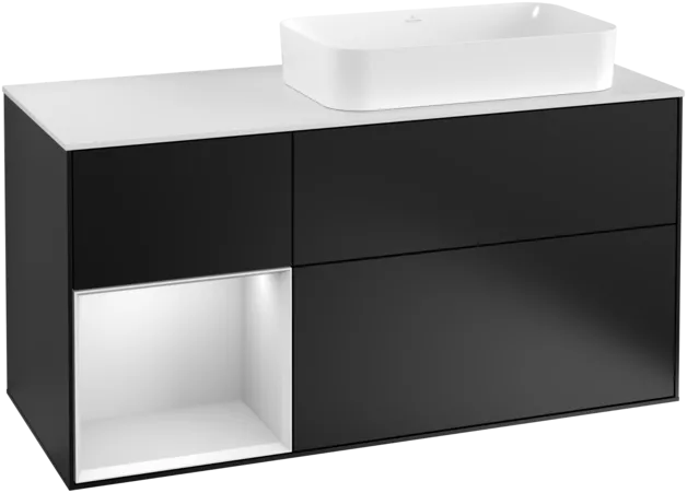 VILLEROY BOCH Toaletní skříňka Finion, s osvětlením, 3 výsuvy, 1200 x 603 x 501 mm, černý matný lak / bílý matný lak / bílé matné sklo #F271MTPD