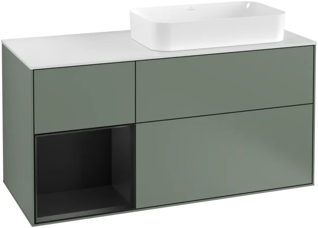VILLEROY BOCH Toaletní skříňka Finion, s osvětlením, 3 výsuvy, 1200 x 603 x 501 mm, olivový matný lak / černý matný lak / bílé matné sklo #F271PDGM