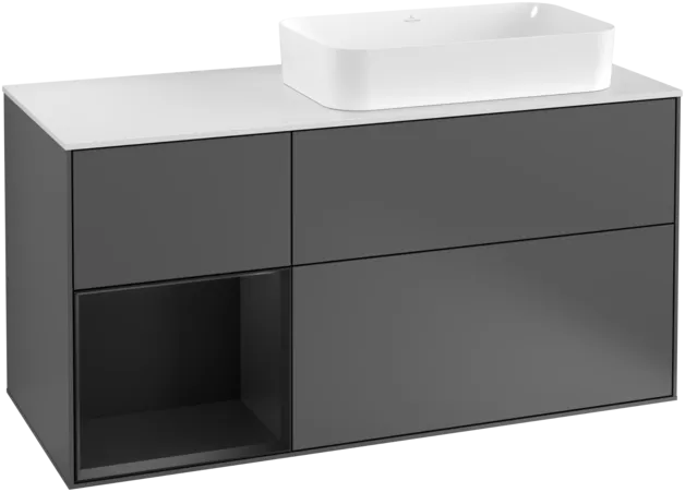 VILLEROY BOCH Toaletní skříňka Finion, s osvětlením, 3 výsuvy, 1200 x 603 x 501 mm, antracitový matný lak / černý matný lak / bílé matné sklo #F271PDGK